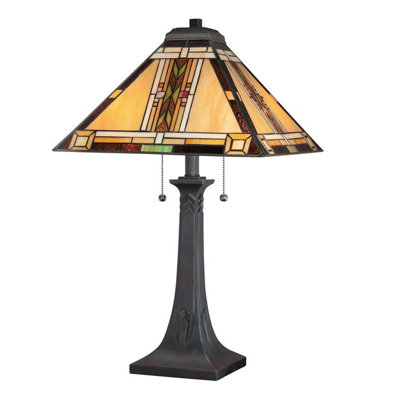 Luminosa Lighting Elstead Quoizel Navajo Table Lamp Traditional BronzeArt Glass Shade 2X E27 from B&Q
