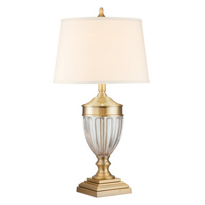 Luminosa Lighting Elstead Quoizel Dennison Table Lamp With Round Tapered Shade Brushed Brass from B&Q