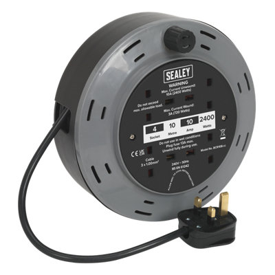 Sealey Cassette Type Pvc Cable Reel 10M 2 X 230V Sockets 3-Pin Plug Bcr10b