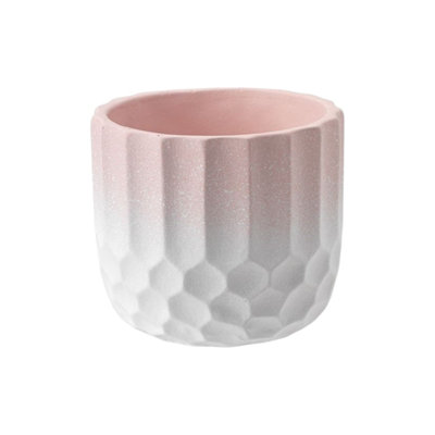  - Ceramic Plant Cache Pot. Two Tone Pastel Pink And White. Honeycomb Pattern. H15 X W17Cm