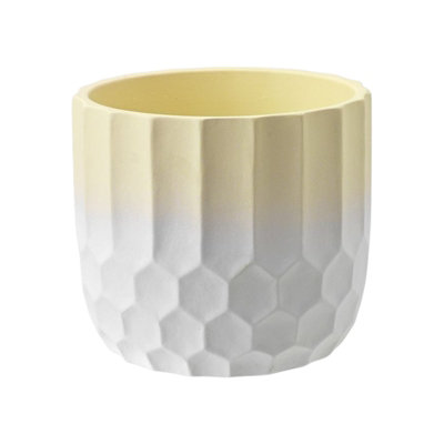  - Ceramic Plant Cache Pot. Two Tone Yellow And White. Honeycomb Pattern. H12 X W13.5Cm
