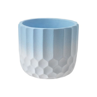  - Ceramic Plant Cache Pot. Two Tone Pastel Blue And White. Honeycomb Pattern.  H12 X W13.5Cm