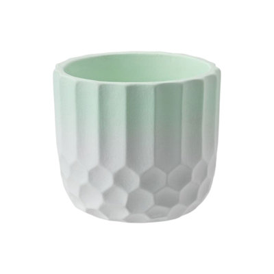  - Ceramic Plant Cache Pot. Two Tone Pastel Green And White. Honeycomb Pattern. H12 X W13.5Cm