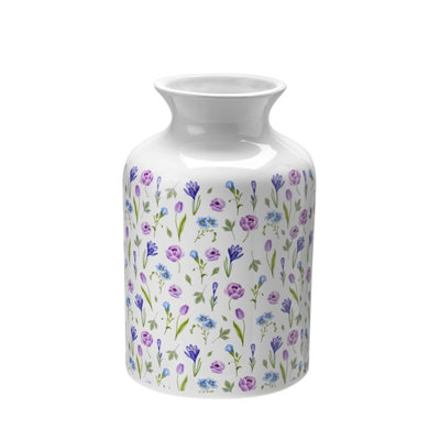 B&Q White Floral Ceramic Vase Purple And Blue Wildflower Design (H23.5Cm X D15Cm)