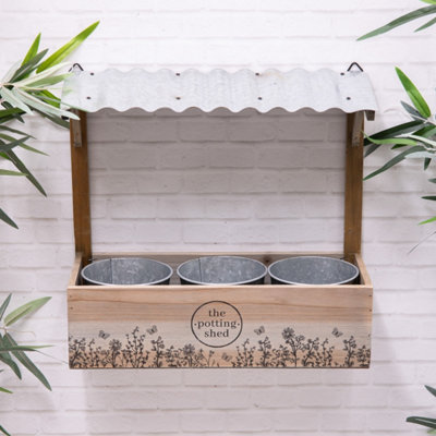 Annibells 3 Metal Herb Flower Pots In Wooden Wall "shed" With Tin Roof (17823) from B&Q