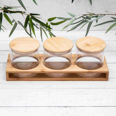 Annibells Set 3 Glass Storage Jars With Bamboo Lids & Wooden Holder (11989) from B&Q