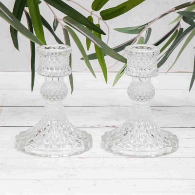 Annibells 2 X Vintage Clear Glass Harlequin Candlestick Holders (10919) from B&Q