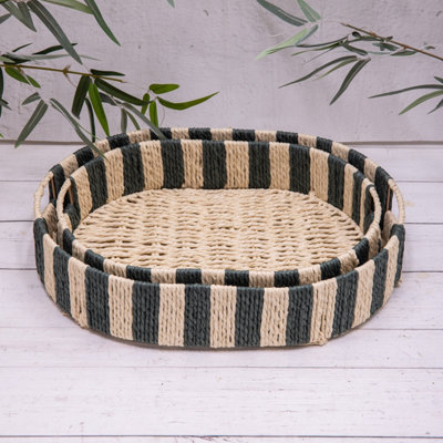 Annibells Green Natural Stripe Rattan Woven Serving Trays (16917)Set Of 2 Sizes from B&Q