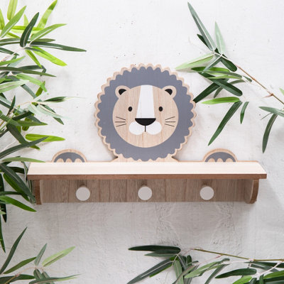  - Annibells Lion Or Giraffe Wooden Floating Shelf With Hooks (10635)Lion