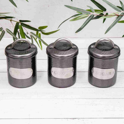 Annibells Grey Silver Tea Coffee Sugar Set Hammered Metal Canisters (1439) from B&Q