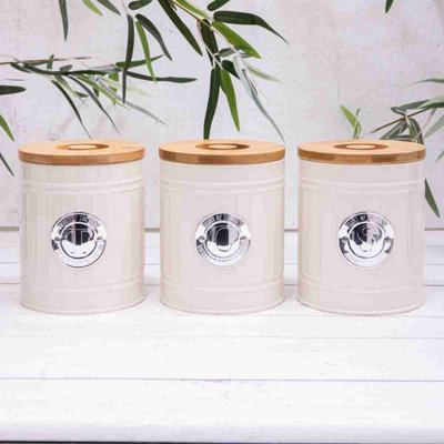 Annibells Cream Metal Ribbed Tea Coffee Sugar Jars Wooden Lid (12754) from B&Q