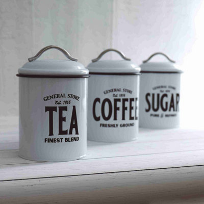 Annibells Set Of White / Black Metal Tea Coffee Sugar Canisters (3124) from B&Q