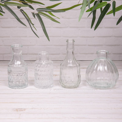 Annibells Set Of 4 Vintage Clear Glass Ribbed & Patterned Bottle Bud Vases (24337)