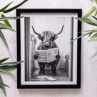 Annibells LionGorillaElephantCow On Toilet Black Framed Picture Wall Print Highland Cow from B&Q