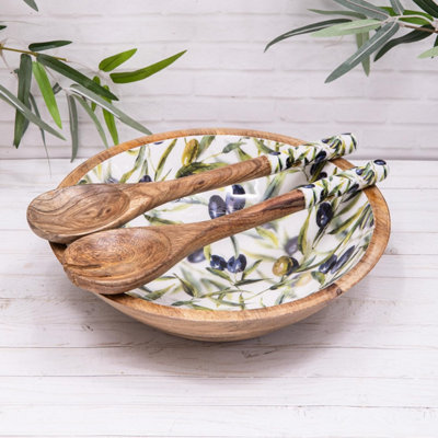 Annibells Wood Enamelled Olive Salad Bowl With Serving Spoon & Fork Set30Cm Bowl Set from B&Q