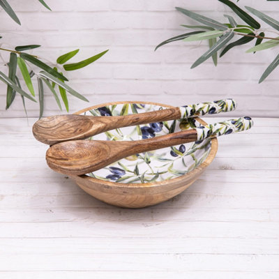 Annibells Wood Enamelled Olive Salad Bowl With Serving Spoon & Fork Set25Cm Bowl Set