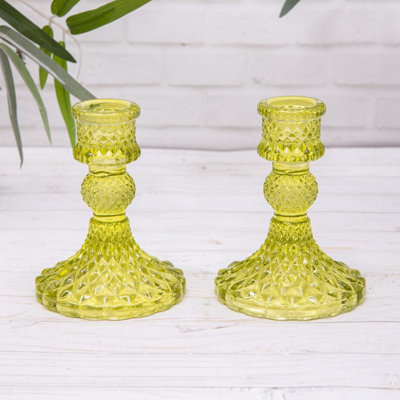 Annibells 2 Green Vintage Harlequin Glass Dinner Candlestick Holders from B&Q
