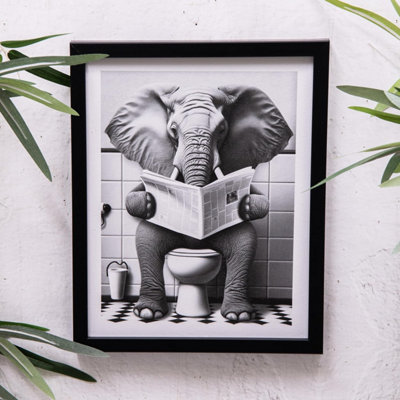 Annibells LionGorillaElephantCow On Toilet Black Framed Picture Wall Print Elephant from B&Q