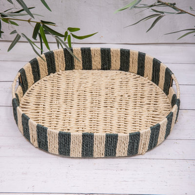 Annibells Green Natural Stripe Rattan Woven Serving Trays (16917)Large from B&Q