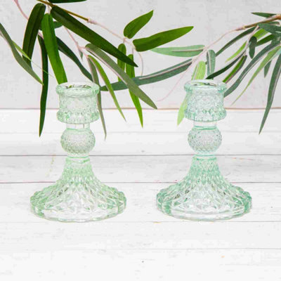 Annibells 2 X Vintage Green Glass Harlequin Candlestick Holders (10956) from B&Q