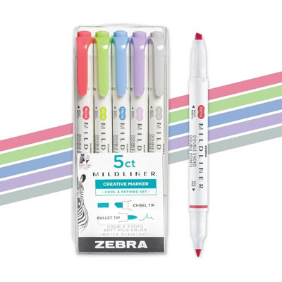 Zebra Mildliner Brush Pens Cool & Refined (5 Pack) - Double Ended Brush & Fine Tips For Lettering, Journaling & Planning
