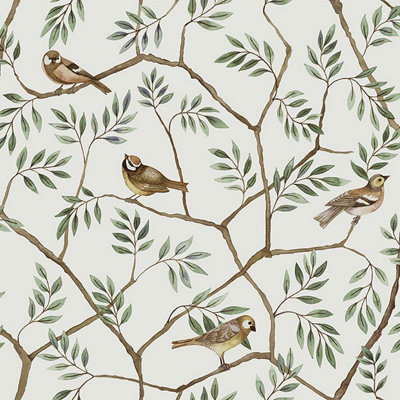 Galerie Morgongava Green Branch Bird Leaf Motif A4 Wallpaper Sample from B&Q
