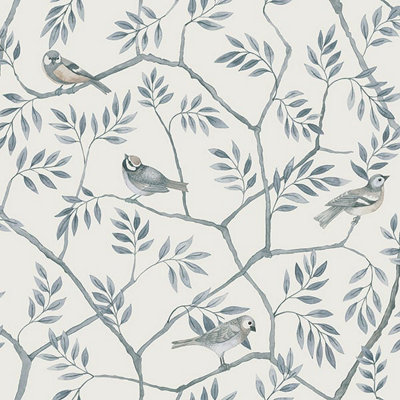 Galerie Morgongava Blue Branch Bird Leaf Motif A4 Wallpaper Sample from B&Q