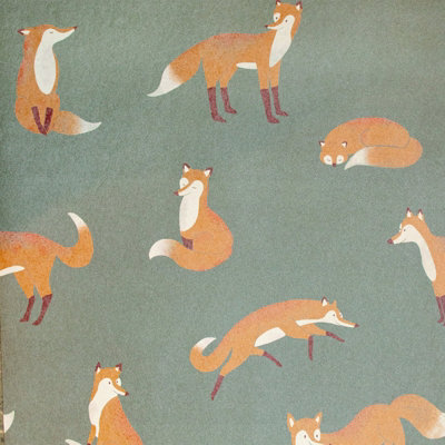 Galerie Great Kids Dark Green Smooth Glitter Friendly Foxes A4 Wallpaper Sample from B&Q
