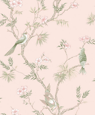 Galerie Secret Garden Pink/green Garden Bird Trail A4 Wallpaper Sample from B&Q