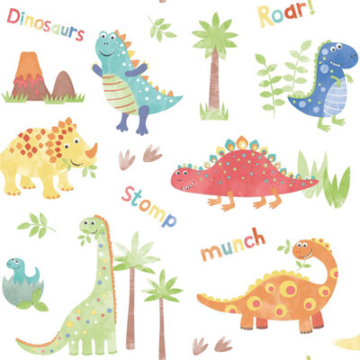 Galerie Tiny Tots 2 Primary Dinosaurs Smooth A4 Wallpaper Sample from B&Q