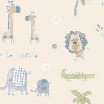 Galerie Tiny Tots 2 Beige Safari Green Jungle Friends Smooth A4 Wallpaper Sample from B&Q