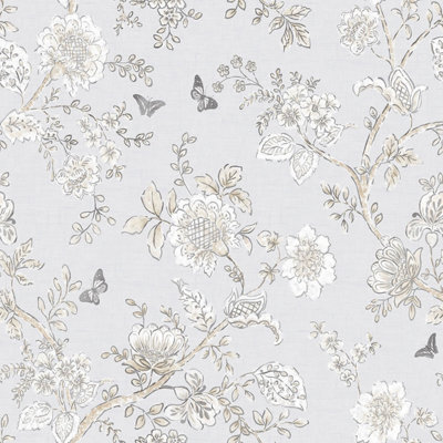 Galerie Homestyle Beige Brown Grey Butterfly Toile Smooth A4 Wallpaper Sample from B&Q