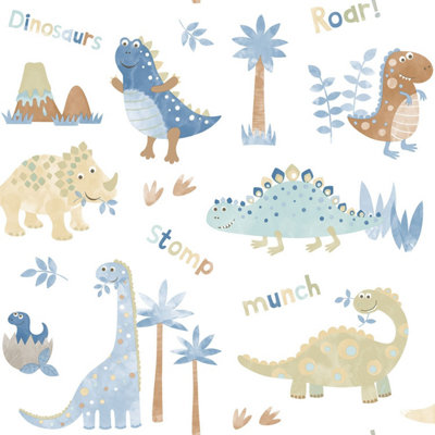 Galerie Tiny Tots 2 Blue Beige Dinosaurs Smooth A4 Wallpaper Sample from B&Q