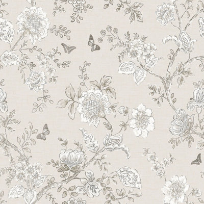 Galerie Homestyle White Taupe Grey Butterfly Toile Smooth A4 Wallpaper Sample from B&Q
