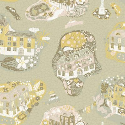 Galerie Resan Green Pink Staden Town A4 Wallpaper Sample from B&Q