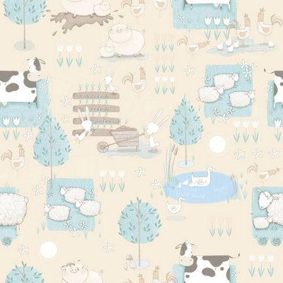 Galerie Tiny Tots 2 Beige Turquoise Farmland Smooth A4 Wallpaper Sample from B&Q