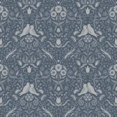 Galerie Ekback Collection Blue Niki Floral Damask Birds A4 Wallpaper Sample from B&Q