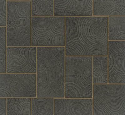 Galerie Natural Opulence Black & Gold Wood Block A4 Wallpaper Sample from B&Q