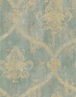 Galerie Classic Silks 4 Green Regal Damask A4 Wallpaper Sample from B&Q