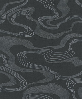 Galerie Kumano Black Abstract Flow Design A4 Wallpaper Sample from B&Q