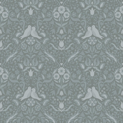 Galerie Ekback Collection Green Niki Floral Damask Birds A4 Wallpaper Sample from B&Q