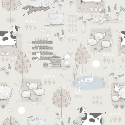 Galerie Tiny Tots 2 Greige Farmland Smooth A4 Wallpaper Sample from B&Q
