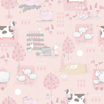 Galerie Tiny Tots 2 Pink Grey Beige Farmland Smooth A4 Wallpaper Sample from B&Q