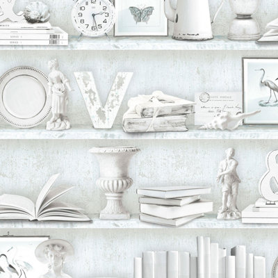 Galerie Homestyle Grey Turquoise Curio Cabinet Smooth A4 Wallpaper Sample from B&Q