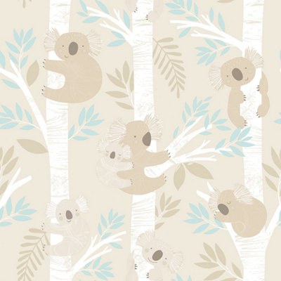 Galerie Tiny Tots 2 Beige Turquoise Glitter Koalas Smooth A4 Wallpaper Sample from B&Q