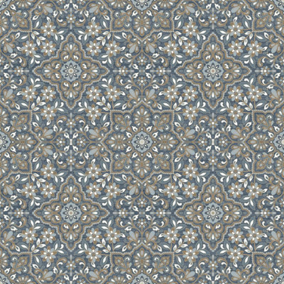 Galerie Homestyle White Blue Gold Floral Tile Smooth A4 Wallpaper Sample from B&Q