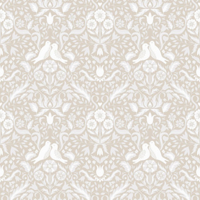 Galerie Ekback Collection Beige Niki Floral Damask Birds A4 Wallpaper Sample from B&Q