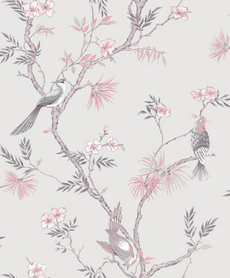 Galerie Secret Garden Grey/pink Garden Bird Trail A4 Wallpaper Sample from B&Q