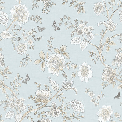 Galerie Homestyle Blue Beige Brown Butterfly Toile Smooth A4 Wallpaper Sample from B&Q