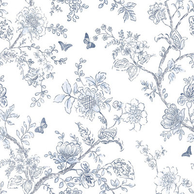 Galerie Homestyle White Blue Butterfly Toile Smooth A4 Wallpaper Sample from B&Q